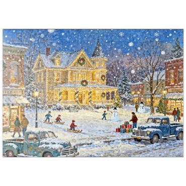 Darstellung des Puzzle Motivs puzzleplate Snowy Victorian Christmas Town Square House 100 Puzzle