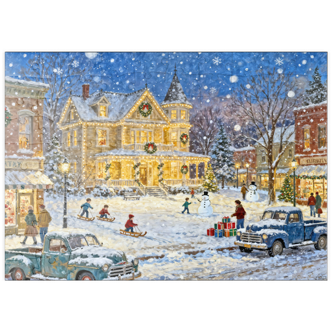 Darstellung des Puzzle Motivs Snowy Victorian Christmas Town Square House puzzleplate Snowy Victorian Christmas Town Square House 100 Puzzle