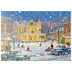 Darstellung des Puzzle Motivs Snowy Victorian Christmas Town Square House - Puzzleteile: 100