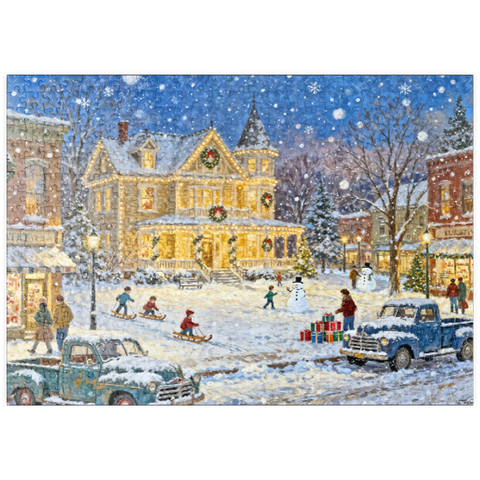 Darstellung des Puzzle Motivs Snowy Victorian Christmas Town Square House puzzleplate Snowy Victorian Christmas Town Square House 500 Puzzle
