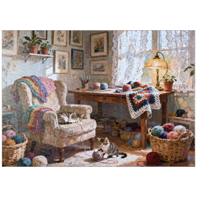 Darstellung des Puzzle-Motivs Sunlit Knitting Room Cats by Window – Puzzleteile: 1000