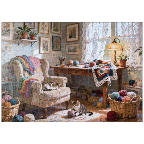 Darstellung des Puzzle Motivs Sunlit Knitting Room Cats by Window puzzleplate Sunlit Knitting Room Cats by Window 1000 Puzzle