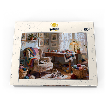 Darstellung des Puzzle Motivs Sunlit Knitting Room Cats by Window 100 Puzzle Schachtel Ansicht3