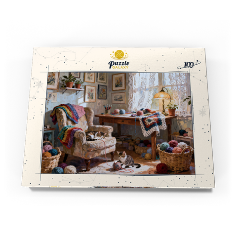 Darstellung des Puzzle Motivs Sunlit Knitting Room Cats by Window Sunlit Knitting Room Cats by Window 100 Puzzle Schachtel Ansicht3