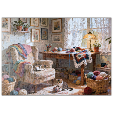Darstellung des Puzzle Motivs puzzleplate Sunlit Knitting Room Cats by Window 200 Puzzle
