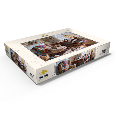 Darstellung des Puzzle Motivs Sunlit Knitting Room Cats by Window 500 Puzzle Schachtel Ansicht1