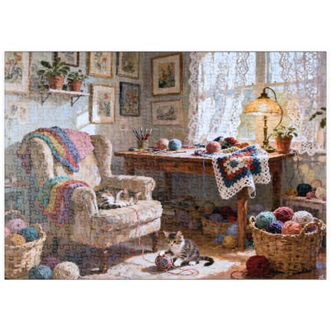 Darstellung des Puzzle Motivs Sunlit Knitting Room Cats by Window puzzleplate Sunlit Knitting Room Cats by Window 500 Puzzle