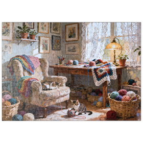 Darstellung des Puzzle Motivs Sunlit Knitting Room Cats by Window - Puzzleteile: 500