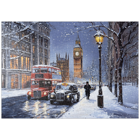 Darstellung des Puzzle Motivs Big Ben London Snowy Night Street Scene puzzleplate Big Ben London Snowy Night Street Scene 1000 Puzzle