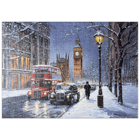Darstellung des Puzzle Motivs Big Ben London Snowy Night Street Scene puzzleplate Big Ben London Snowy Night Street Scene 200 Puzzle