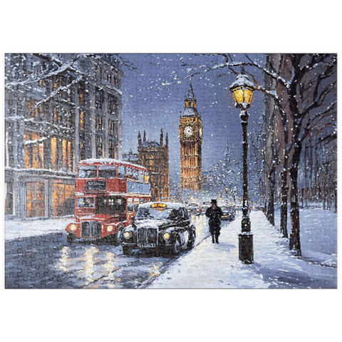 Darstellung des Puzzle Motivs Big Ben London Snowy Night Street Scene puzzleplate Big Ben London Snowy Night Street Scene 500 Puzzle
