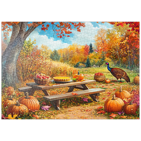 Darstellung des Puzzle Motivs Autumn Harvest Picnic Table with Pumpkins - Puzzleteile: 1000