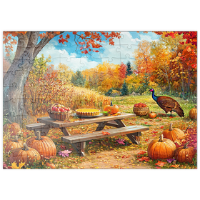 Darstellung des Puzzle Motivs Autumn Harvest Picnic Table with Pumpkins - Puzzleteile: 100