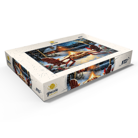 Darstellung des Puzzle Motivs Cozy Lakeside Log Cabin Winter Firepit - Puzzleteile: 1000