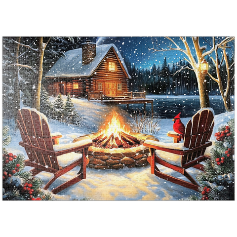 Darstellung des Puzzle Motivs Cozy Lakeside Log Cabin Winter Firepit puzzleplate Cozy Lakeside Log Cabin Winter Firepit 1000 Puzzle