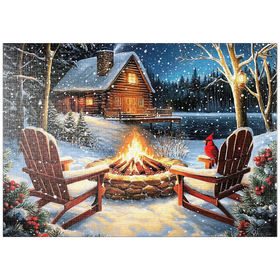 Darstellung des Puzzle Motivs Cozy Lakeside Log Cabin Winter Firepit - Puzzleteile: 1000