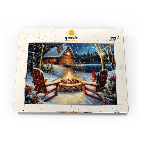 Darstellung des Puzzle Motivs Cozy Lakeside Log Cabin Winter Firepit Cozy Lakeside Log Cabin Winter Firepit 100 Puzzle Schachtel Ansicht3