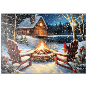 Darstellung des Puzzle Motivs Cozy Lakeside Log Cabin Winter Firepit - Puzzleteile: 100