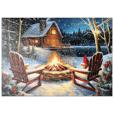Darstellung des Puzzle Motivs puzzleplate Cozy Lakeside Log Cabin Winter Firepit 200 Puzzle
