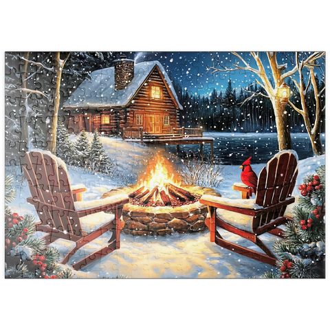 Darstellung des Puzzle Motivs Cozy Lakeside Log Cabin Winter Firepit puzzleplate Cozy Lakeside Log Cabin Winter Firepit 200 Puzzle