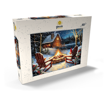 Darstellung des Puzzle Motivs Cozy Lakeside Log Cabin Winter Firepit 500 Puzzle Schachtel Ansicht2