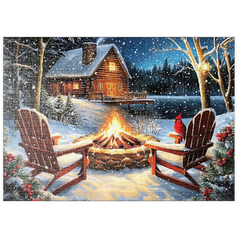 Darstellung des Puzzle Motivs Cozy Lakeside Log Cabin Winter Firepit puzzleplate Cozy Lakeside Log Cabin Winter Firepit 500 Puzzle