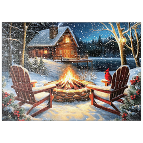 Darstellung des Puzzle Motivs Cozy Lakeside Log Cabin Winter Firepit - Puzzleteile: 500