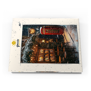 Darstellung des Puzzle Motivs London Red Telephone Booth Snowy Christmas Street 100 Puzzle Schachtel Ansicht3