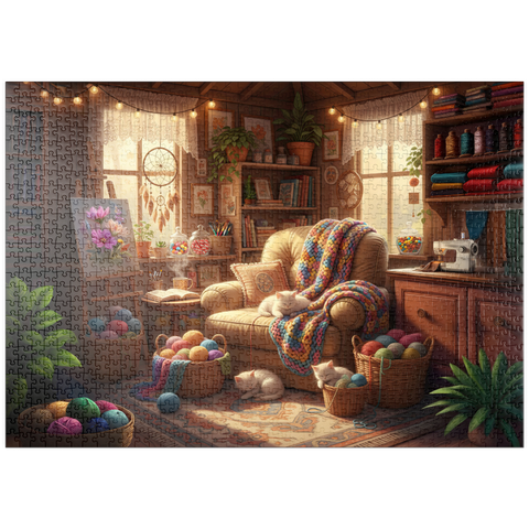 Darstellung des Puzzle Motivs Cozy Craft Room Cats and Yarn puzzleplate Cozy Craft Room Cats and Yarn 1000 Puzzle