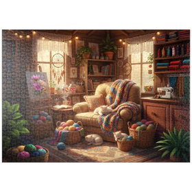Darstellung des Puzzle Motivs Cozy Craft Room Cats and Yarn - Puzzleteile: 1000
