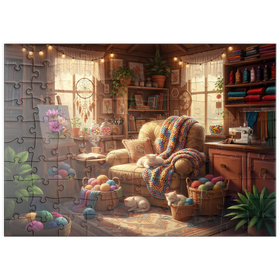 Darstellung des Puzzle Motivs Cozy Craft Room Cats and Yarn - Puzzleteile: 100