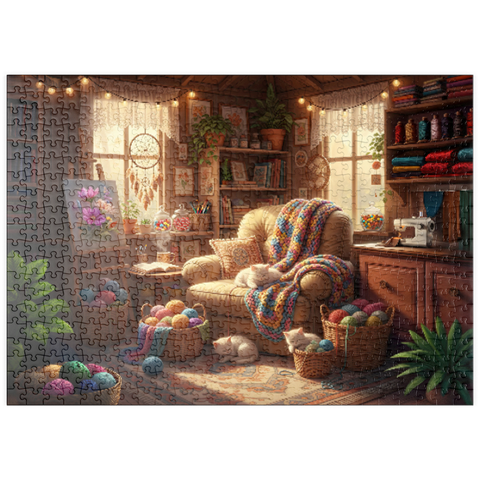 Darstellung des Puzzle Motivs Cozy Craft Room Cats and Yarn puzzleplate Cozy Craft Room Cats and Yarn 500 Puzzle