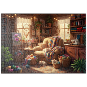 Darstellung des Puzzle Motivs Cozy Craft Room Cats and Yarn - Puzzleteile: 500
