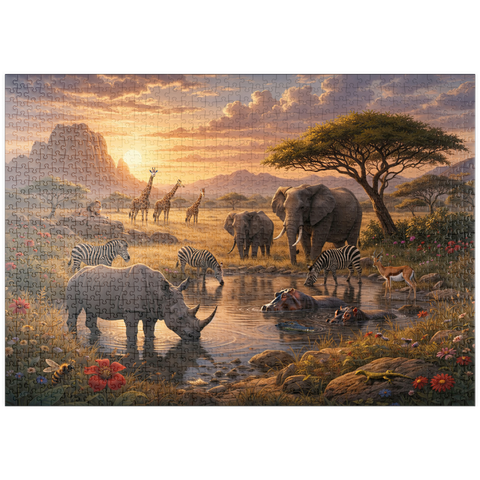 Darstellung des Puzzle Motivs African Savanna Waterhole Sunset Wildlife puzzleplate African Savanna Waterhole Sunset Wildlife 1000 Puzzle