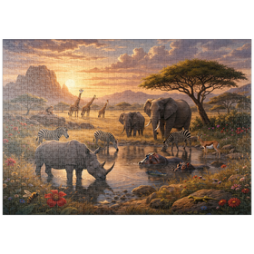 Darstellung des Puzzle Motivs African Savanna Waterhole Sunset Wildlife - Puzzleteile: 1000