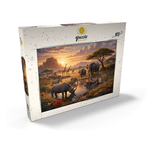 Darstellung des Puzzle Motivs African Savanna Waterhole Sunset Wildlife African Savanna Waterhole Sunset Wildlife 100 Puzzle Schachtel Ansicht2