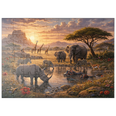 Darstellung des Puzzle Motivs puzzleplate African Savanna Waterhole Sunset Wildlife 100 Puzzle