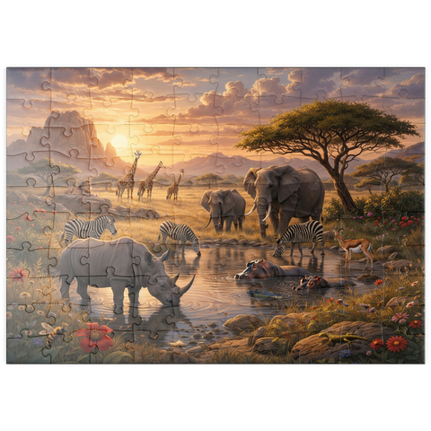 Darstellung des Puzzle Motivs African Savanna Waterhole Sunset Wildlife puzzleplate African Savanna Waterhole Sunset Wildlife 100 Puzzle