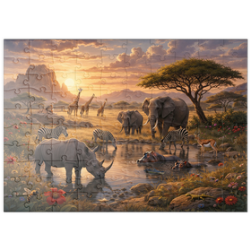 Darstellung des Puzzle Motivs African Savanna Waterhole Sunset Wildlife - Puzzleteile: 100