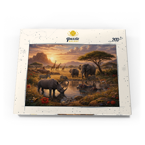 Darstellung des Puzzle Motivs African Savanna Waterhole Sunset Wildlife African Savanna Waterhole Sunset Wildlife 200 Puzzle Schachtel Ansicht3