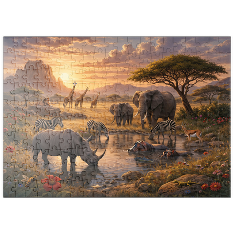 Darstellung des Puzzle Motivs African Savanna Waterhole Sunset Wildlife puzzleplate African Savanna Waterhole Sunset Wildlife 200 Puzzle