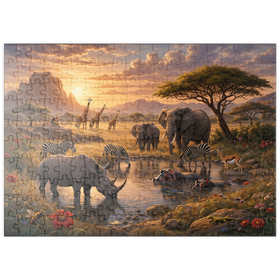 Darstellung des Puzzle Motivs African Savanna Waterhole Sunset Wildlife - Puzzleteile: 200