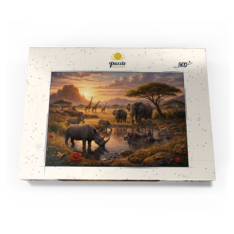 Darstellung des Puzzle Motivs African Savanna Waterhole Sunset Wildlife African Savanna Waterhole Sunset Wildlife 500 Puzzle Schachtel Ansicht3