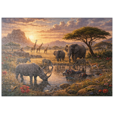 Darstellung des Puzzle Motivs puzzleplate African Savanna Waterhole Sunset Wildlife 500 Puzzle