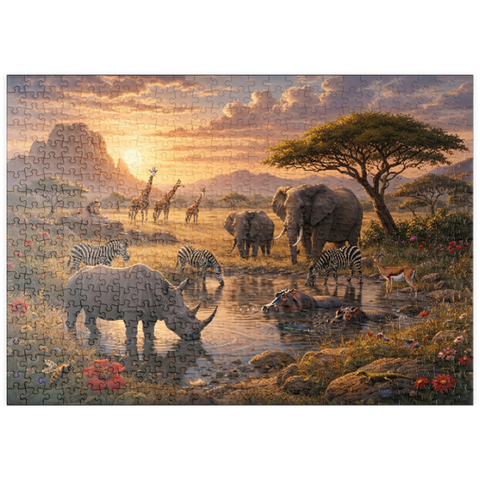 Darstellung des Puzzle Motivs African Savanna Waterhole Sunset Wildlife puzzleplate African Savanna Waterhole Sunset Wildlife 500 Puzzle