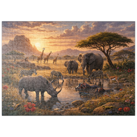 Darstellung des Puzzle Motivs African Savanna Waterhole Sunset Wildlife - Puzzleteile: 500