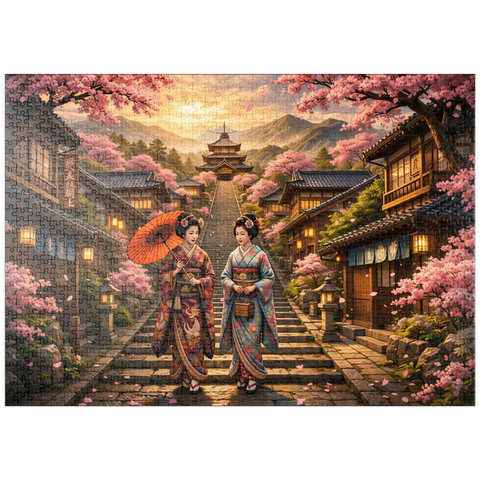 Darstellung des Puzzle Motivs Kyoto Pagoda Street Cherry Blossoms puzzleplate Kyoto Pagoda Street Cherry Blossoms 1000 Puzzle