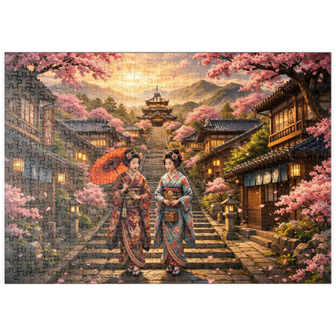Darstellung des Puzzle Motivs Kyoto Pagoda Street Cherry Blossoms puzzleplate Kyoto Pagoda Street Cherry Blossoms 500 Puzzle