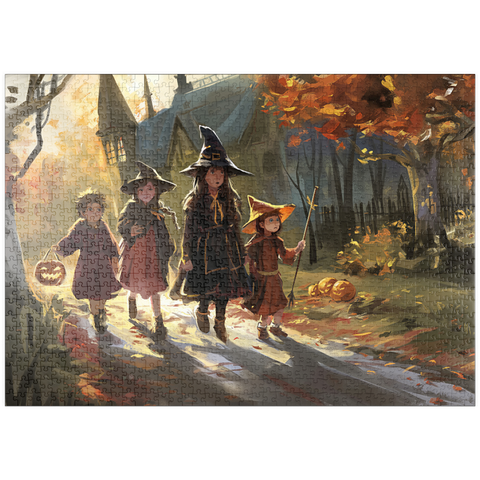 Darstellung des Puzzle Motivs Haunted Village Halloween Trick or Treat Scene puzzleplate Haunted Village Halloween Trick or Treat Scene 1000 Puzzle
