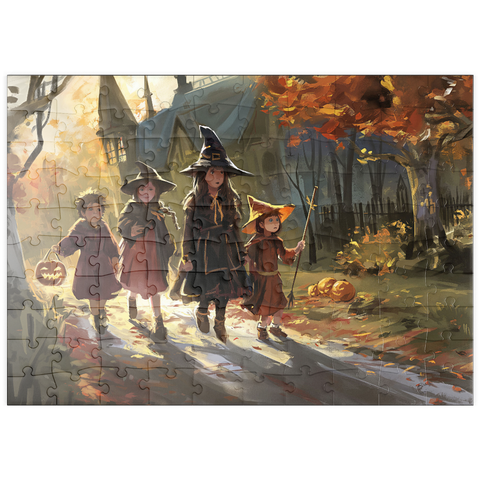 Darstellung des Puzzle Motivs Haunted Village Halloween Trick or Treat Scene puzzleplate Haunted Village Halloween Trick or Treat Scene 100 Puzzle